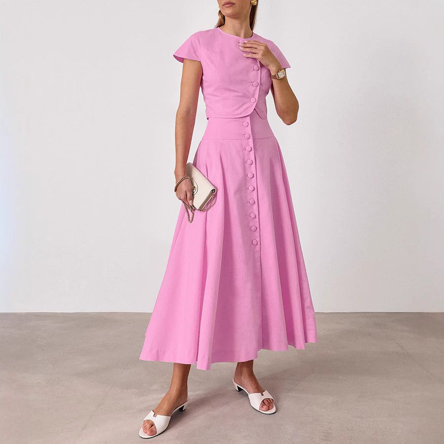 Spring Summer Pink Cotton High Waist V neck Skirt Set Women Two Piece Set