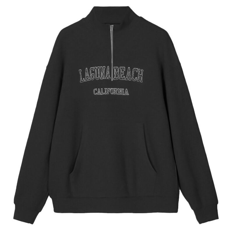 Casual Spring Women Pullover Sweatshirt Letter Graphic Embroidery Zipper Pullover Baggy