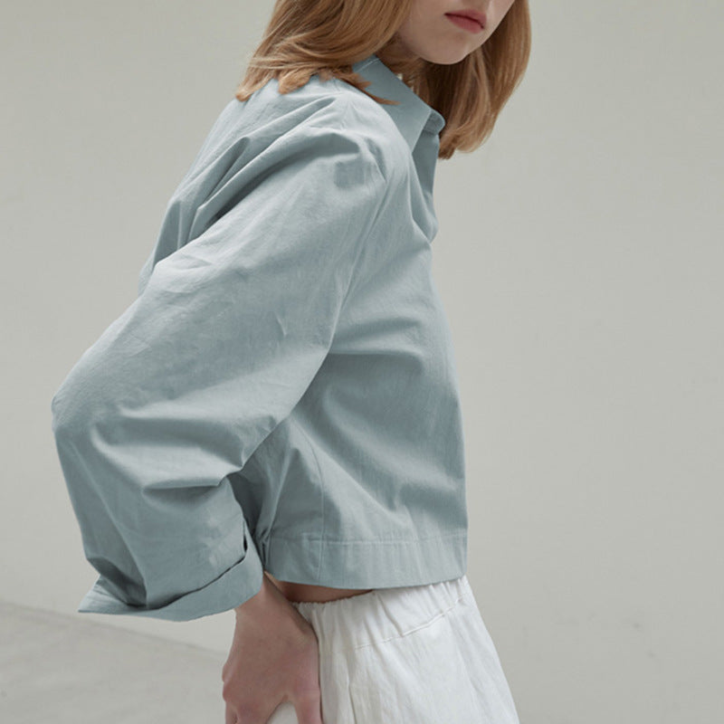 Autumn Short Shirt Cotton Hem Elastic Waist Tight Design Casual Slimming Solid Color Long Sleeve Shirt for Women