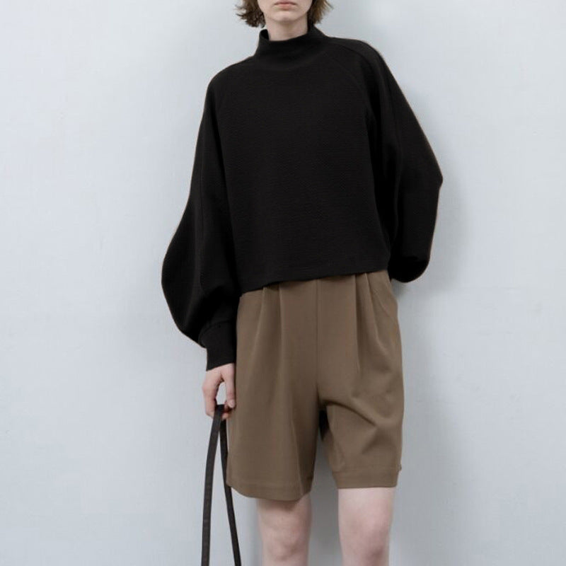 Niche High Grade Design Half Turtleneck Loose Short Gigot Sleeve Sweatshirt Women Texture Classic Pullover Top