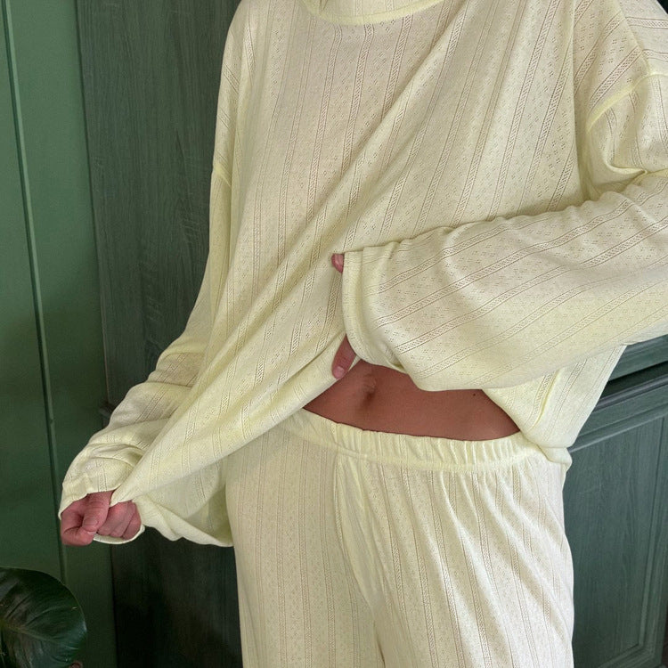 Jacquard Comfortable Lazy Set Women Solid Color round Neck Loose Long Sleeve Top Trousers Two Piece Set