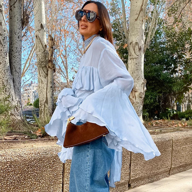 High Collar in Blue Elegant Flare Sleeve Ruffled Women Shirt Spring Summer Top