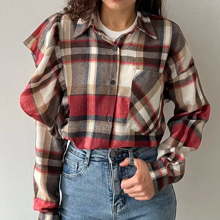 Spring Autumn Plaid Women Shirt Collared Long Sleeve Cardigan Shirt Street Retro Loose Top