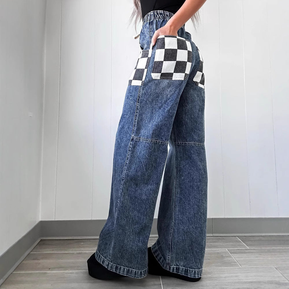 Spring Casual Loose Plaid Contrast Color Women Denim Trousers