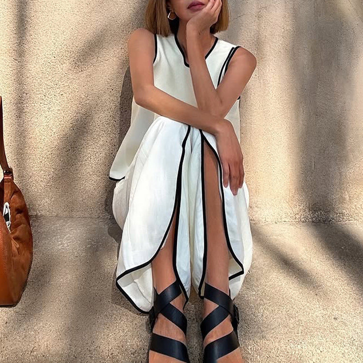 Contrast Color Vest Women Cross Design round Neck Sleeveless Top Split Trousers Two Piece Set