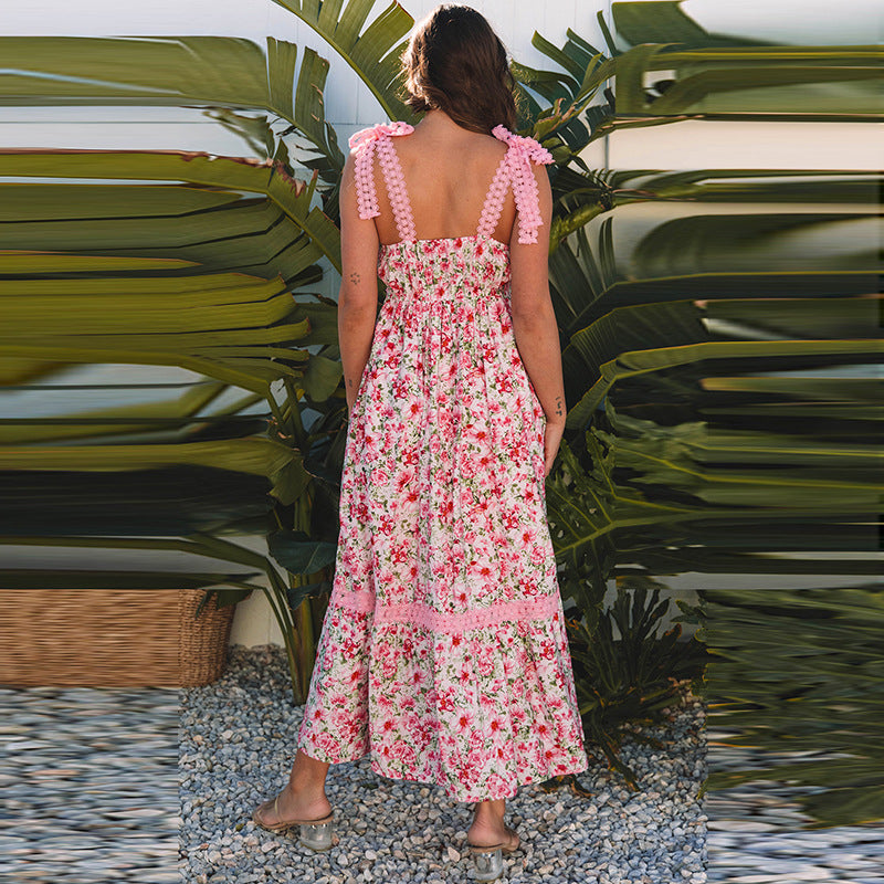 Spring Summer High Waist Dress Women Sweet Floral Print Lace Patchwork Maxi Dress Women