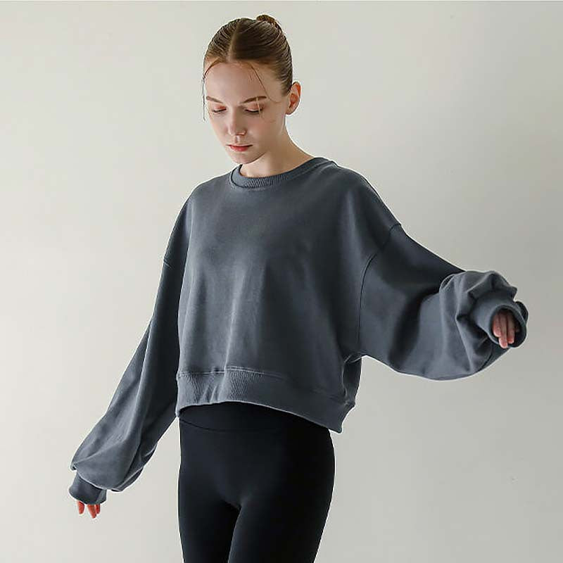 Short Sweatshirt Women Clothing Spring Autumn Long Sleeve round Neck Pullover Casual Yoga Clothes Sexy Fitness Sports Top