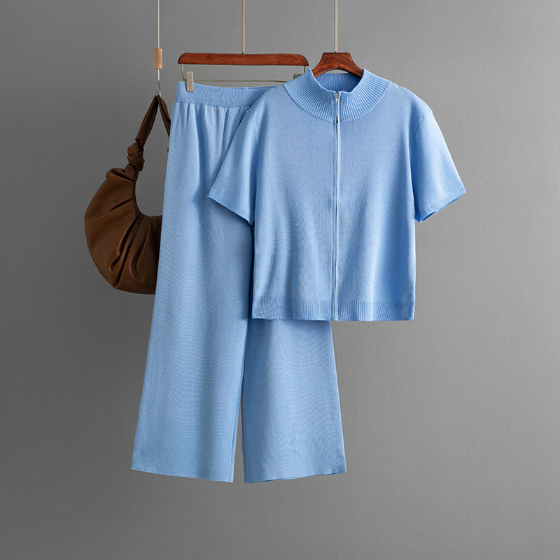 Women Clothing Half Turtleneck Solid Color Short Sleeve Zipper Wide Leg Pants Two Piece Set