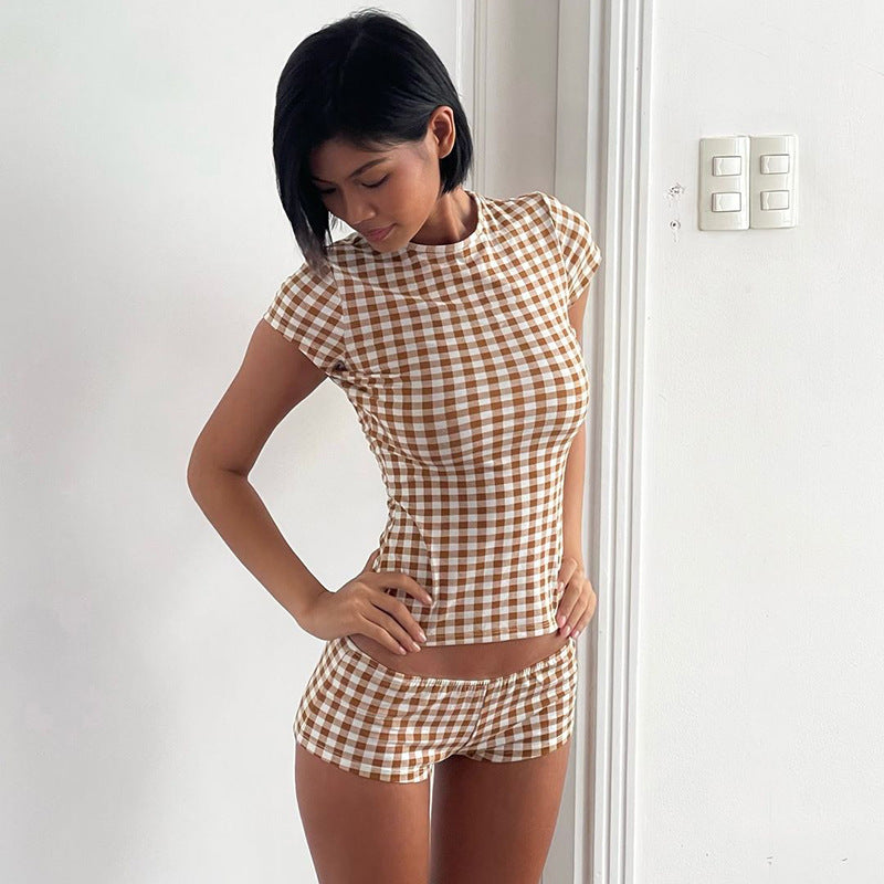 Fashionable Printed Plaid Contrast Color Shoulder round Neck Short Sleeve Shorts Pajamas Pajamas Two Piece Set for Women