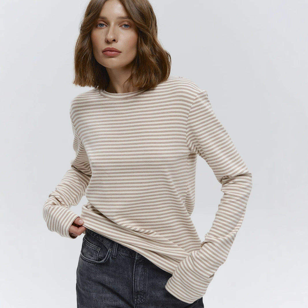 Long Sleeved Striped T shirt Autumn Winter Office Slim Fit round Neck Cotton Bottoming Shirt Long T Shirt Women