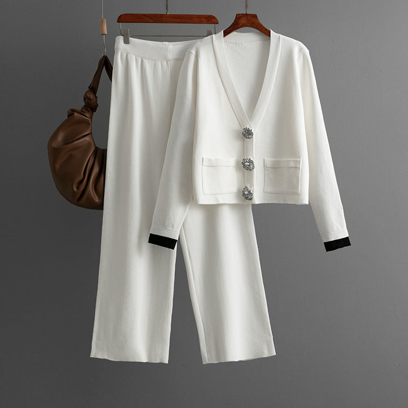 Fall Winter Women Classic Knitted Cardigan Top Casual Wide Leg Pants Two Piece Set