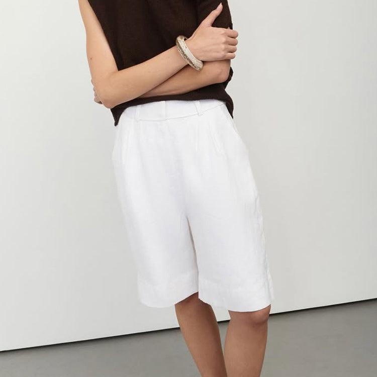 Women Clothing Summer High Waist Loose White Shorts Simple All Match Casual Wide Leg Half Pants
