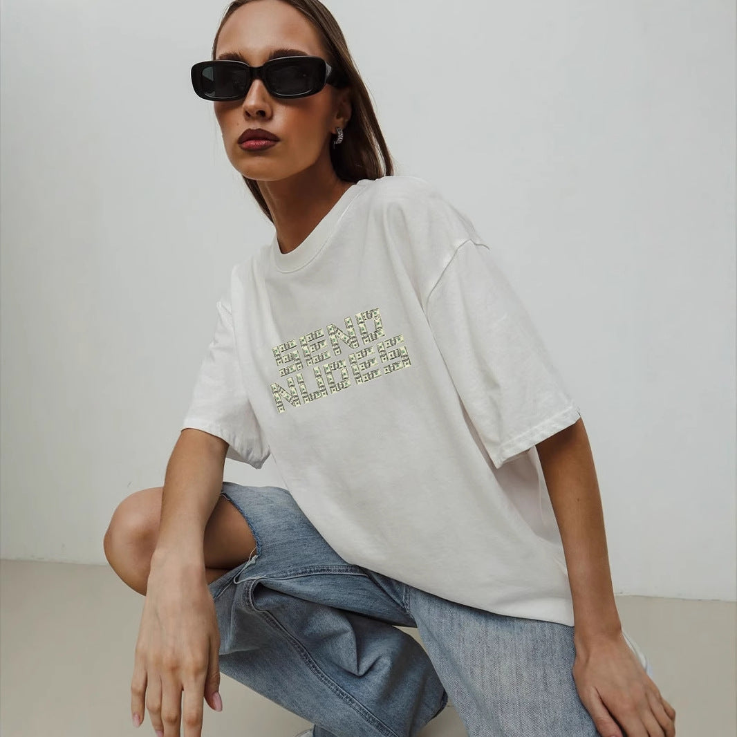 Simple Printed T shirt Women Summer Loose round Neck Cotton Short Sleeve Top
