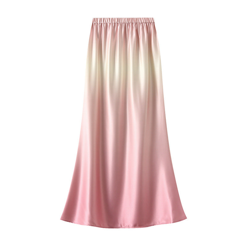 Gradient Goddess Series Silky Shiny Satin High Waist Sheath Mid Length Fishtail Skirt