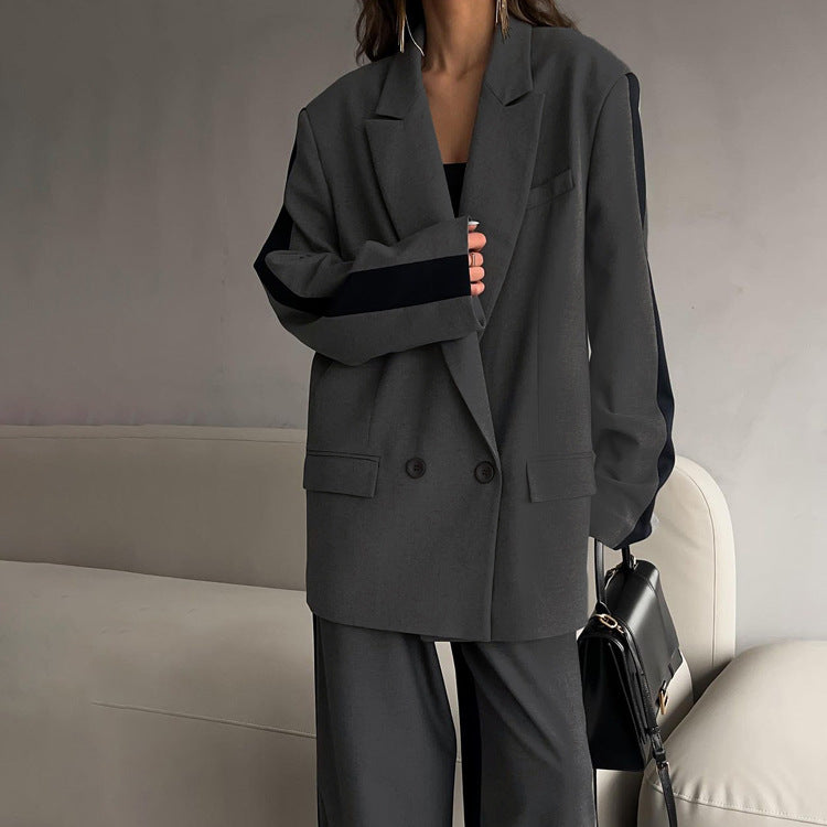 Office Loose Women Contrast Color Long Sleeves Turn down Collar Coat Wide Leg Pants Two Piece Set