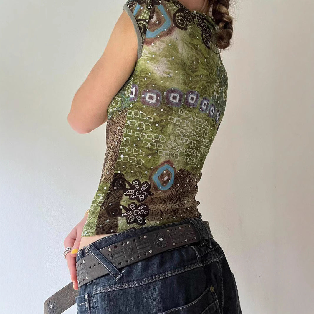 Wizard of Oz Deep Forest Vintage Printing Polo Collar Slim Stretch Graceful Wind Summer Short Sleeved Top