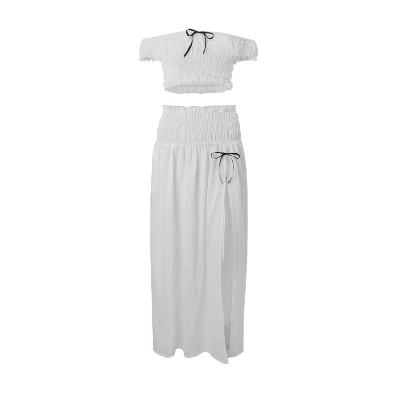 Women Clothing Summer Sexy Vacation off Neck Pleated Top Split Skirt Set
