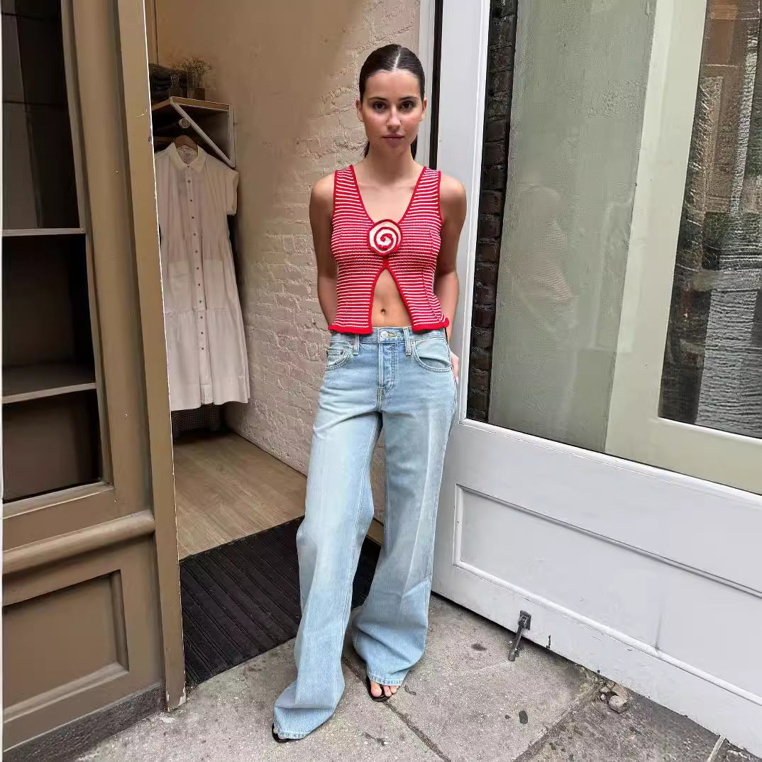 Summer Sleeveless Sexy Floral V Neck Slim Striped Knitted Short Vest Cropped Tank Top Top Women