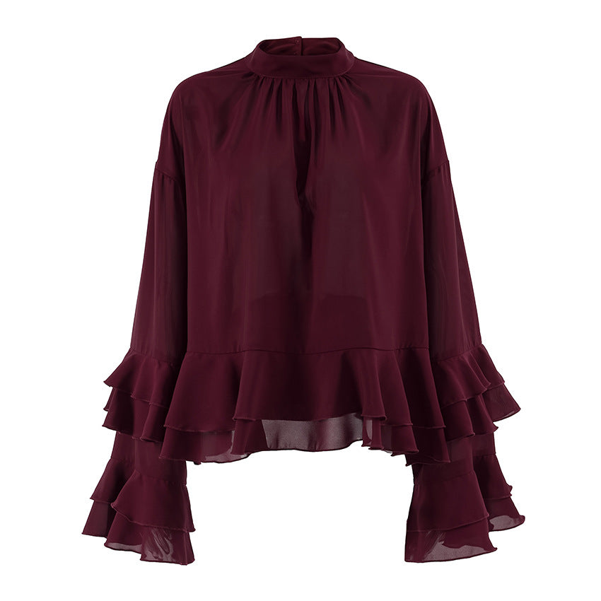 Brown Chiffon Small Stand Collar Ruffle Bell Sleeve Shirt Spring Summer Top for Women