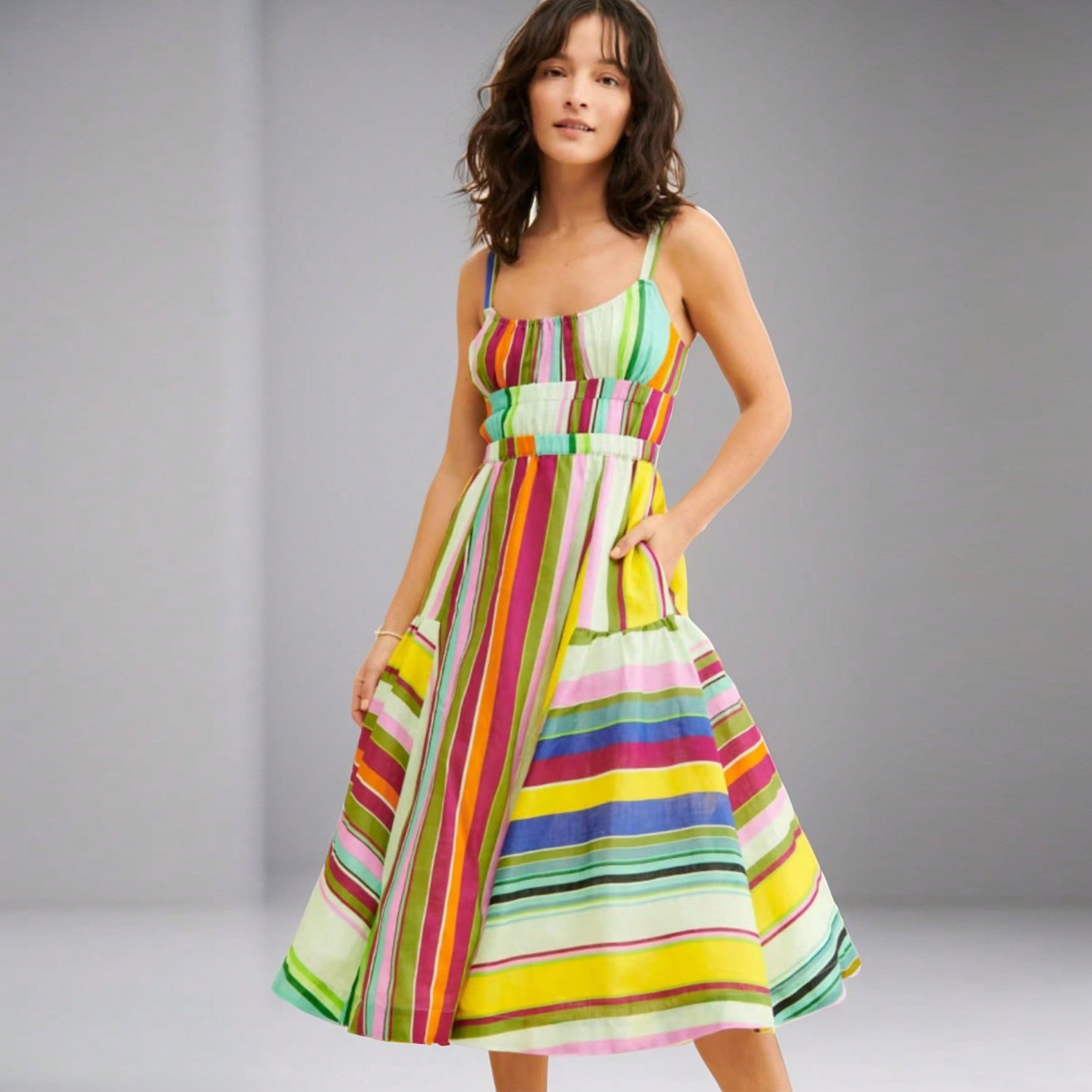 Colorful Striped Sexy Sling Backless Dress Bohemian Vacation Lace up Pocket Large Swing Dress