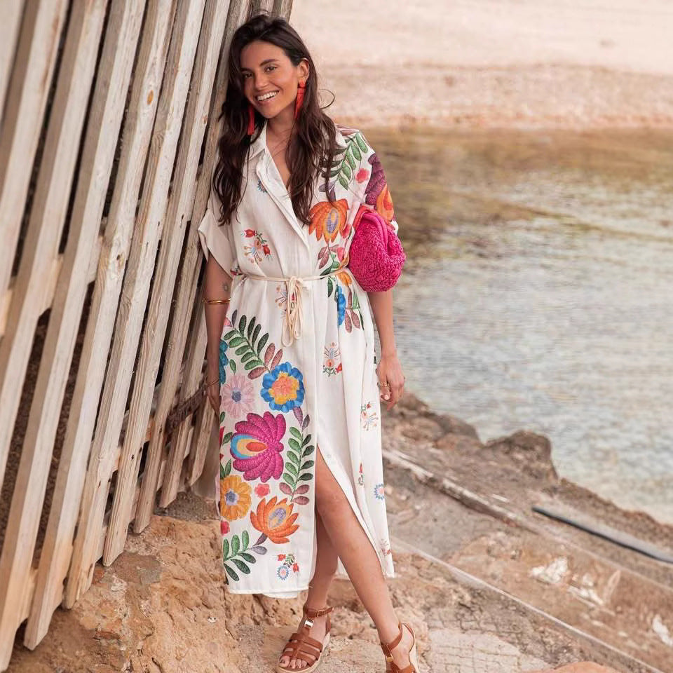Positioning Printing Loose Casual Beach Dress Seaside Vacation Robe