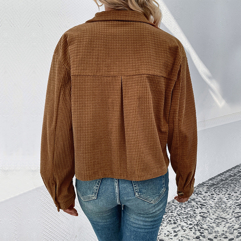 Women Clothing Autumn Winter Corduroy Jacket Vintage Brown Cardigan Pocket Coat Women