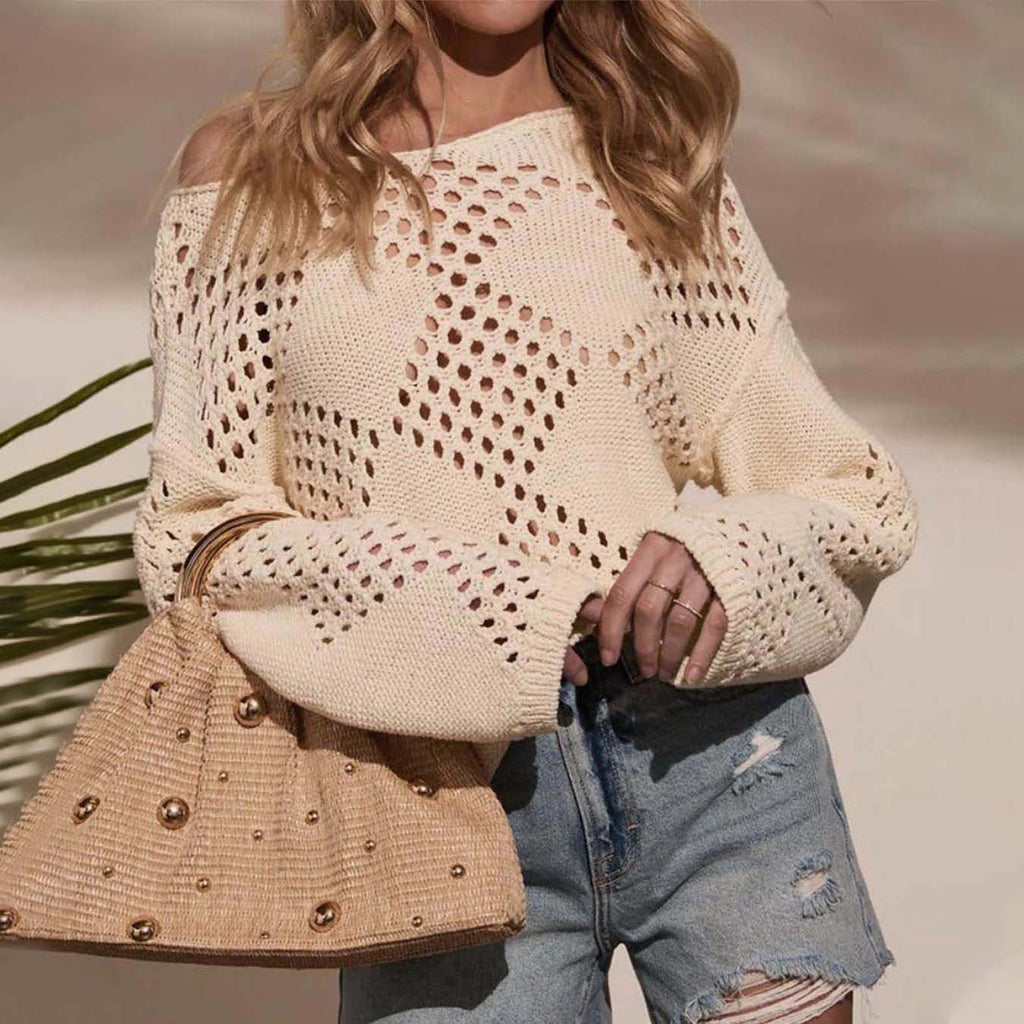 Fall Women Clothing Hollow Out Cutout off Shoulder Long Sleeve Knitted Sweater