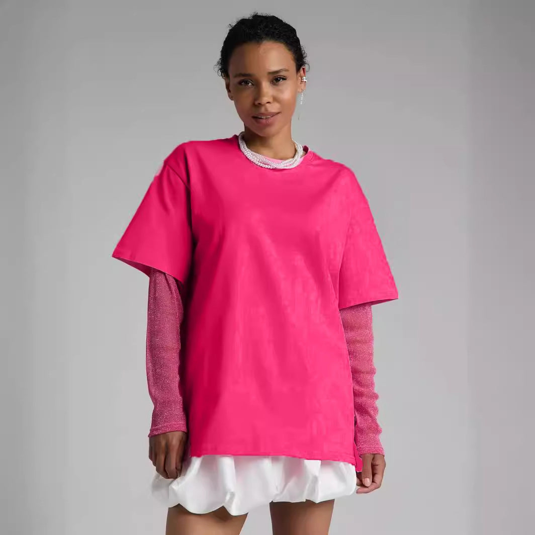 Summer Bright Yarn Mesh Stitching Long Sleeve T shirt Women Loose Sun Protection Top