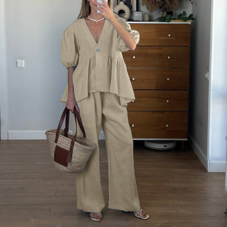 Women Clothing V neck Puff Sleeve Cardigan Top Wide Leg Pants Two Piece Set Spring Summer Cotton Office Sets