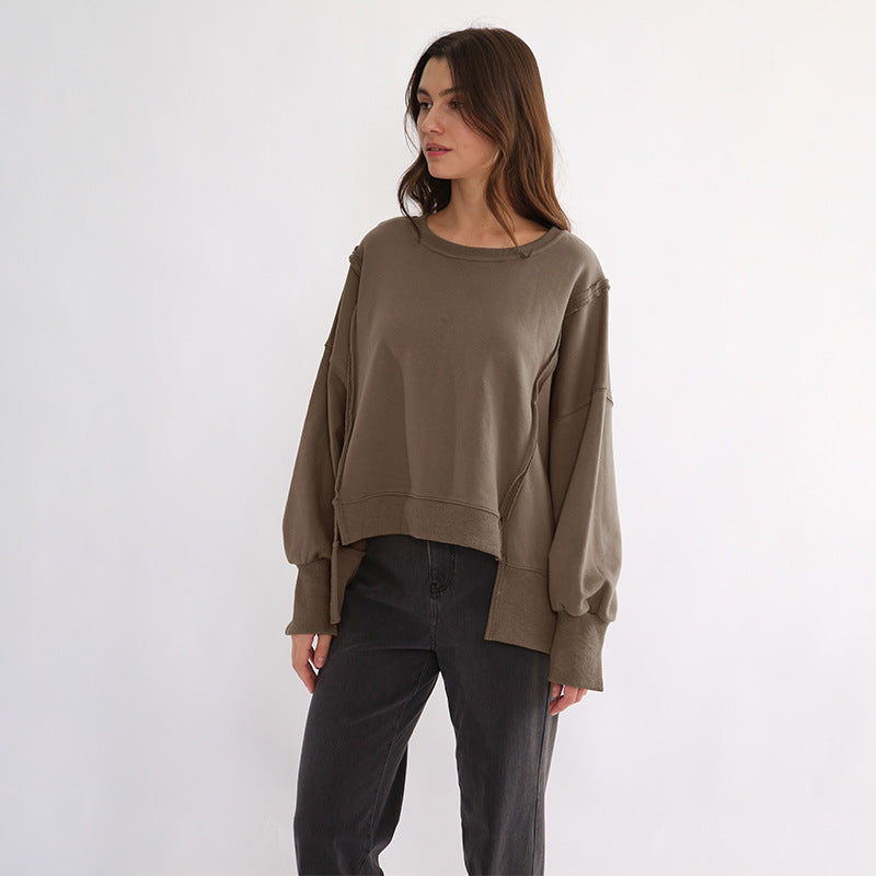 Niche Design Patchwork Sweatshirt Spring Loose Terry Hem Irregular Asymmetric Top Women