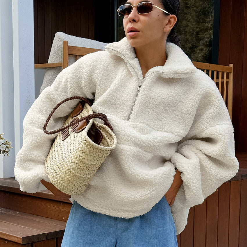 Autumn Winter Personalized Beige Knit Casual Lamb Cashmere Small Stand-up Collar Puff Sleeve Plush Loose Sweatshirt Women