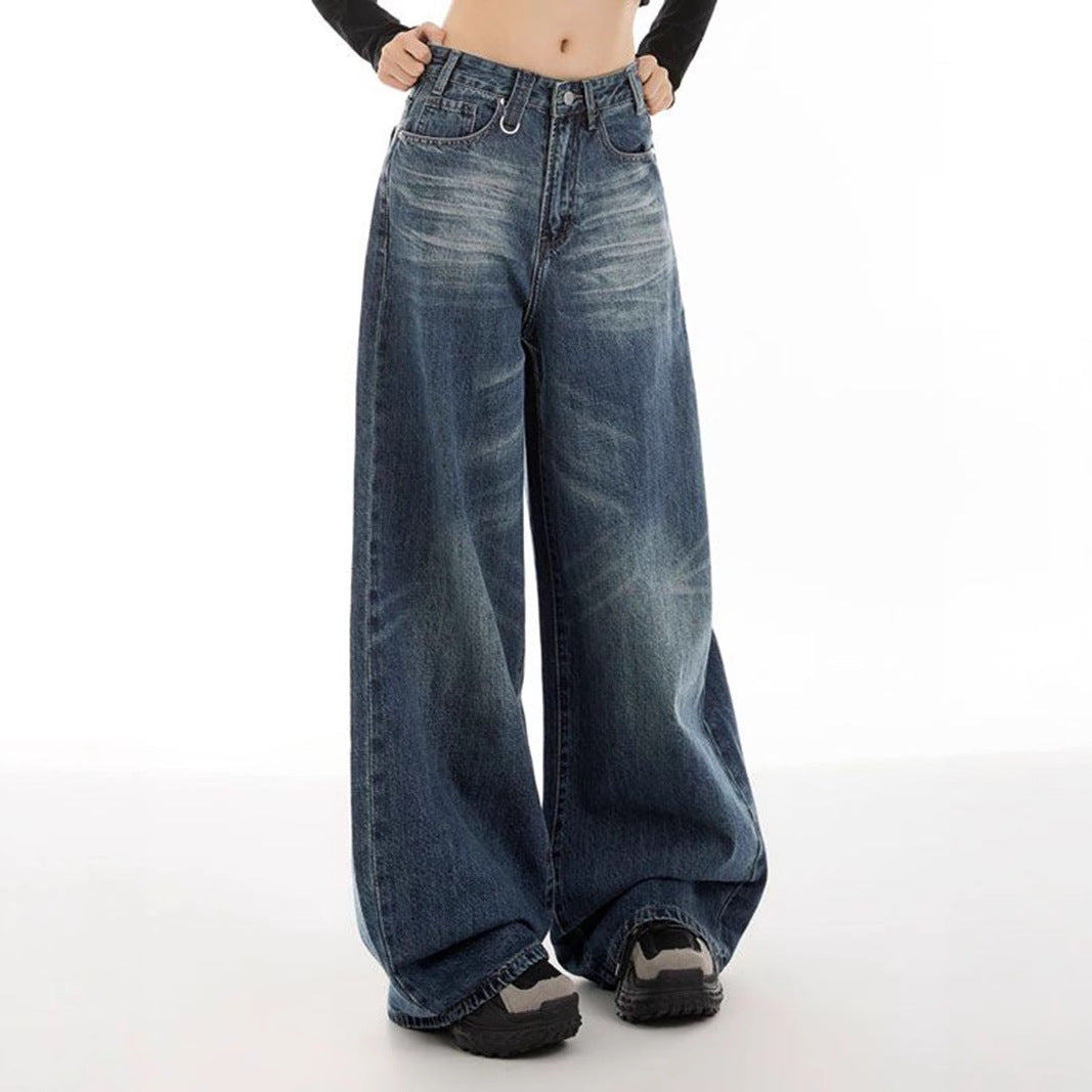 Retro Easy Matching Straight Drooping Wide Leg Women Clothing Denim Trousers
