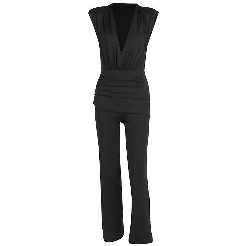 Women Clothing Spring Summer Elegant Deep V Plunge neck Sleeveless Slim Pleated Straight Jumpsuit