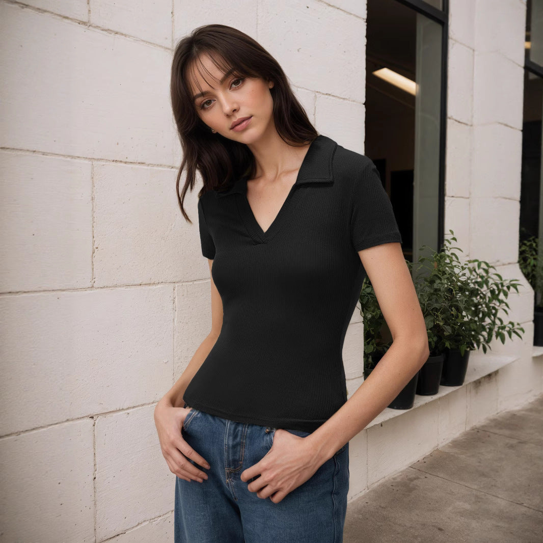 Women Summer Sexy Slim Fit Polo Collar Sexy Outer Wear Underwear Short Sleeve T shirt
