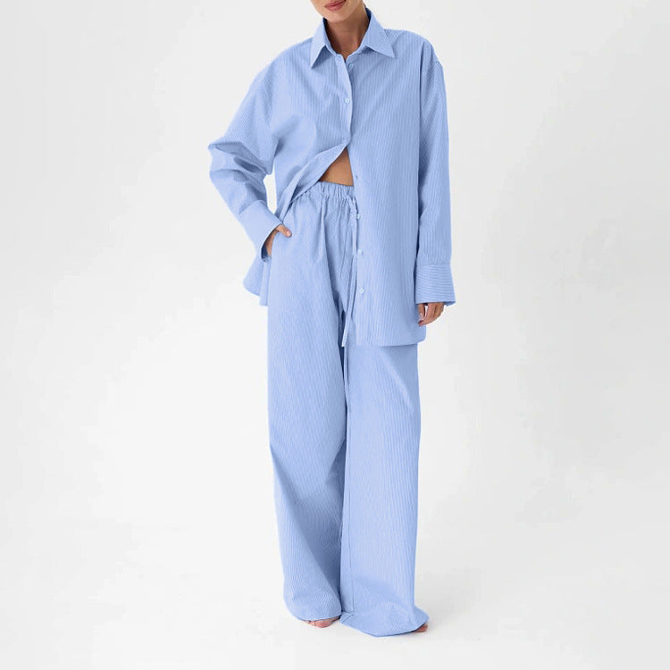 Casual Striped Shirt Outfit Women Arrival Collared Long Sleeve Cardigan Top Loose Trousers Two Piece Sets