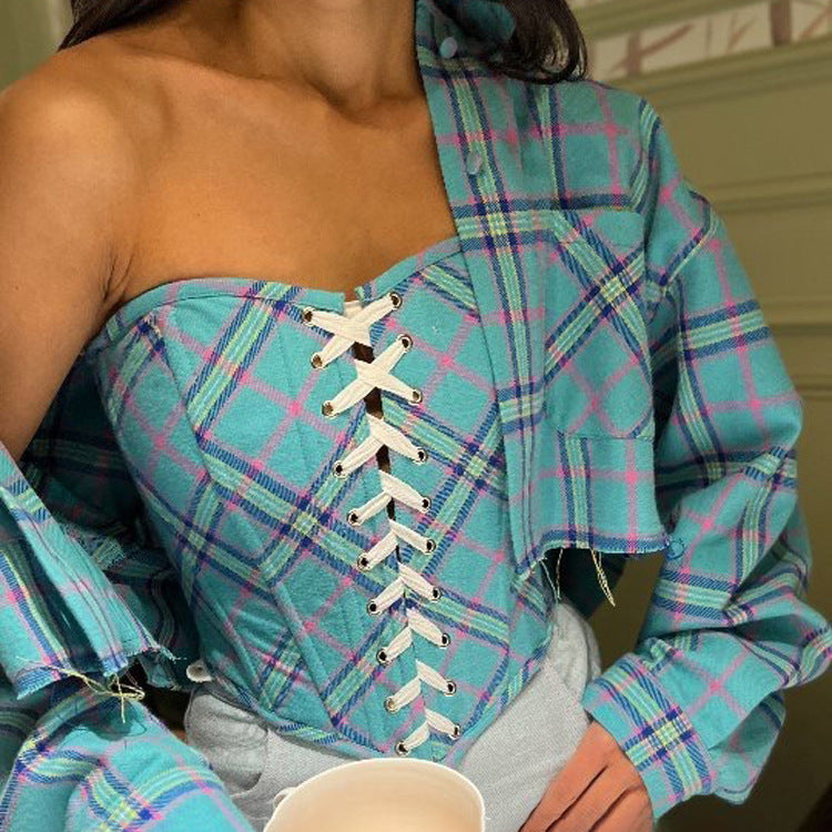 Street Retro Sexy Lacing Plaid Tube Top Two Piece Sets Collared Long Sleeve Short Shacket