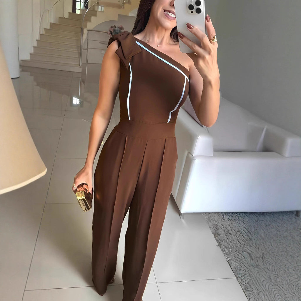 Women Solid Color One Shoulder Casual Bow Jumpsuit
