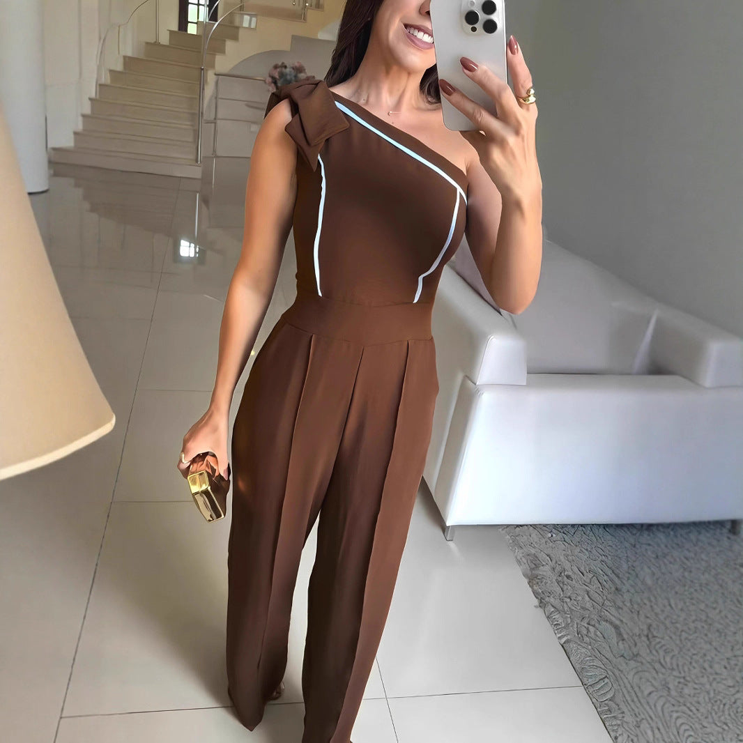 Women Solid Color One Shoulder Casual Bow Jumpsuit