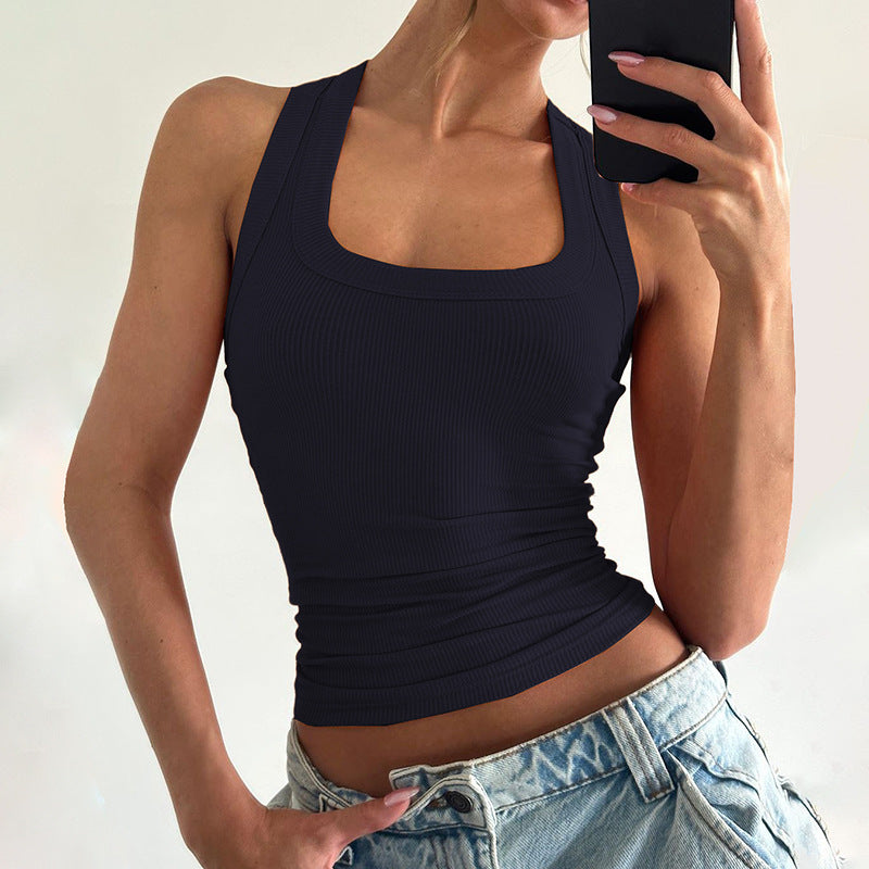 Women Clothing Summer Sexy U Collar Solid Color Slim Fit I Shape Cropped Vest for Women