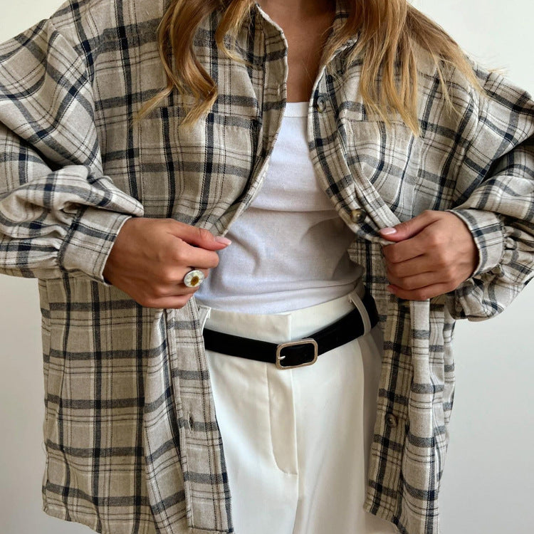 Retro Long Sleeved Pocket Plaid Women Shirt All Match Collared Loose Shirt
