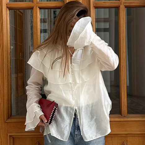 French Ruffled Tencel Yarn Bell Sleeve Ruffled Shirt Spring Summer Top