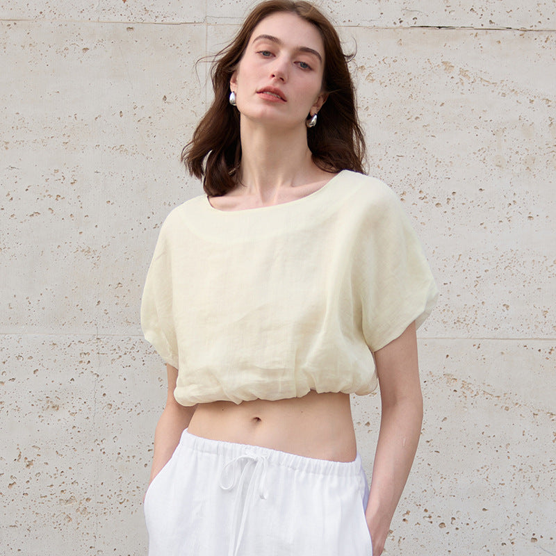 Pure Ramie round Neck Top French Light Cropped Short Sleeve Women Summer Solid Color Waist Tight T shirt