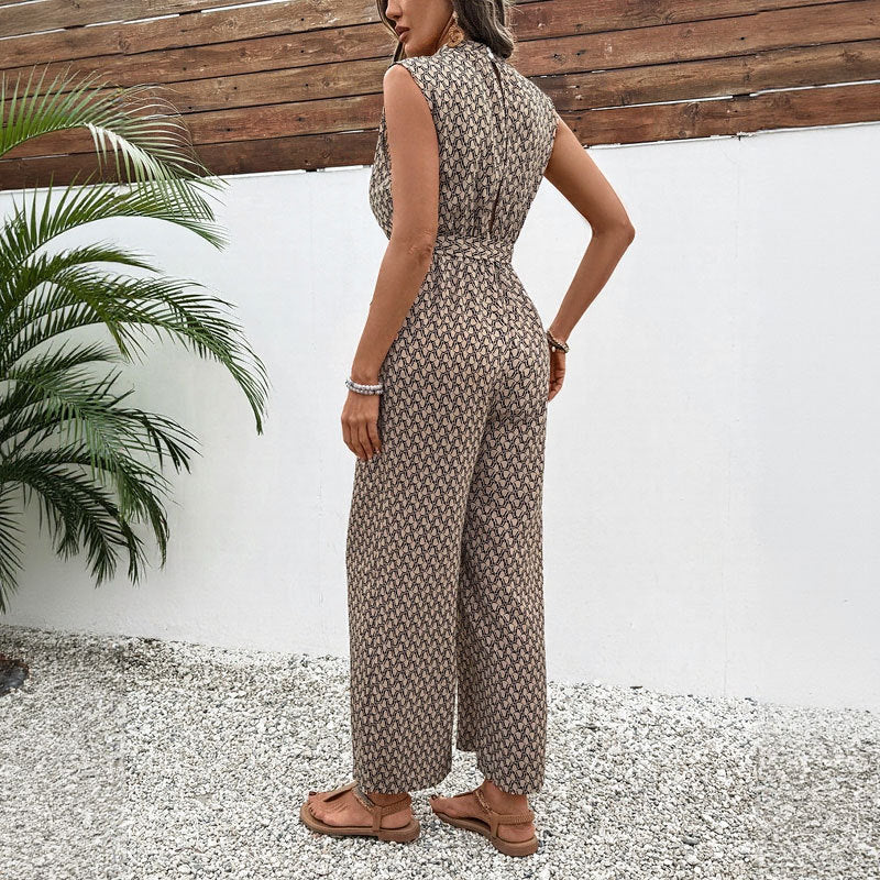 Summer Casual Jumpsuit Lace up Sleeveless Geometric Abstract Printed Jumpsuit