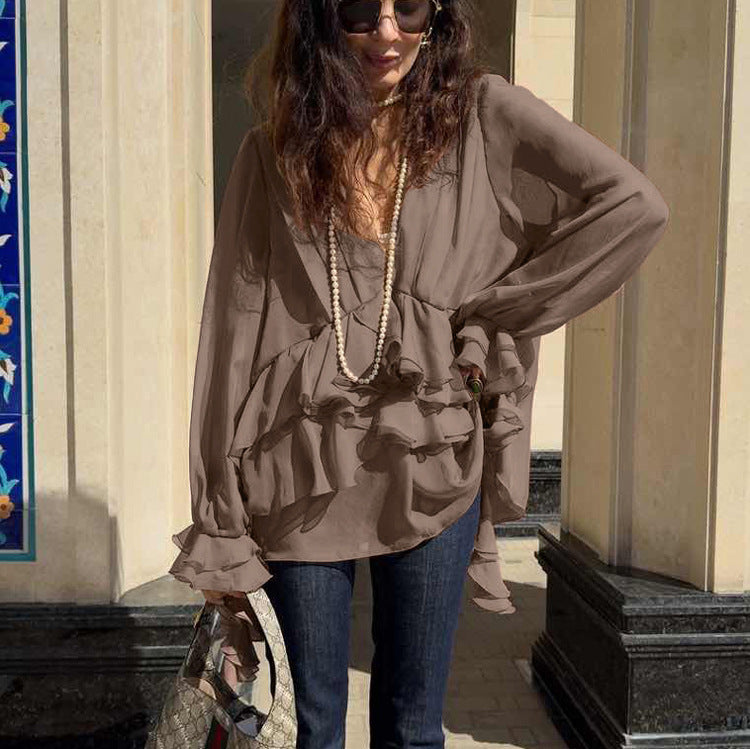 Chiffon V neck Long Sleeve Shirt Women Pleated Loose Office All Matching Top