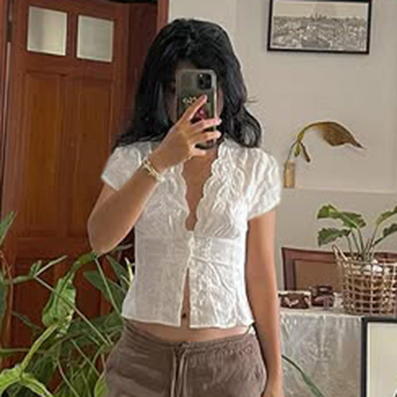 Niche Design Jacquard Waist Tight Small Shirt French Sexy Spring Girl Element Puff Sleeve Cardigan Top