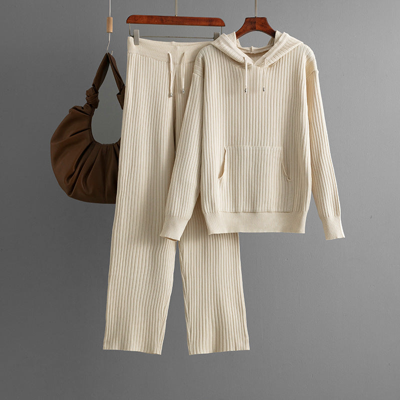 Casual Knitting Women Autumn Winter Hooded Knitted Two Piece Sweater