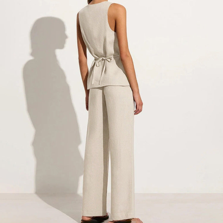 Cotton Linen Women Office Sleeveless Square Collar Lace up Vest Jacket High Waist Wide Leg Pants Two Piece Set