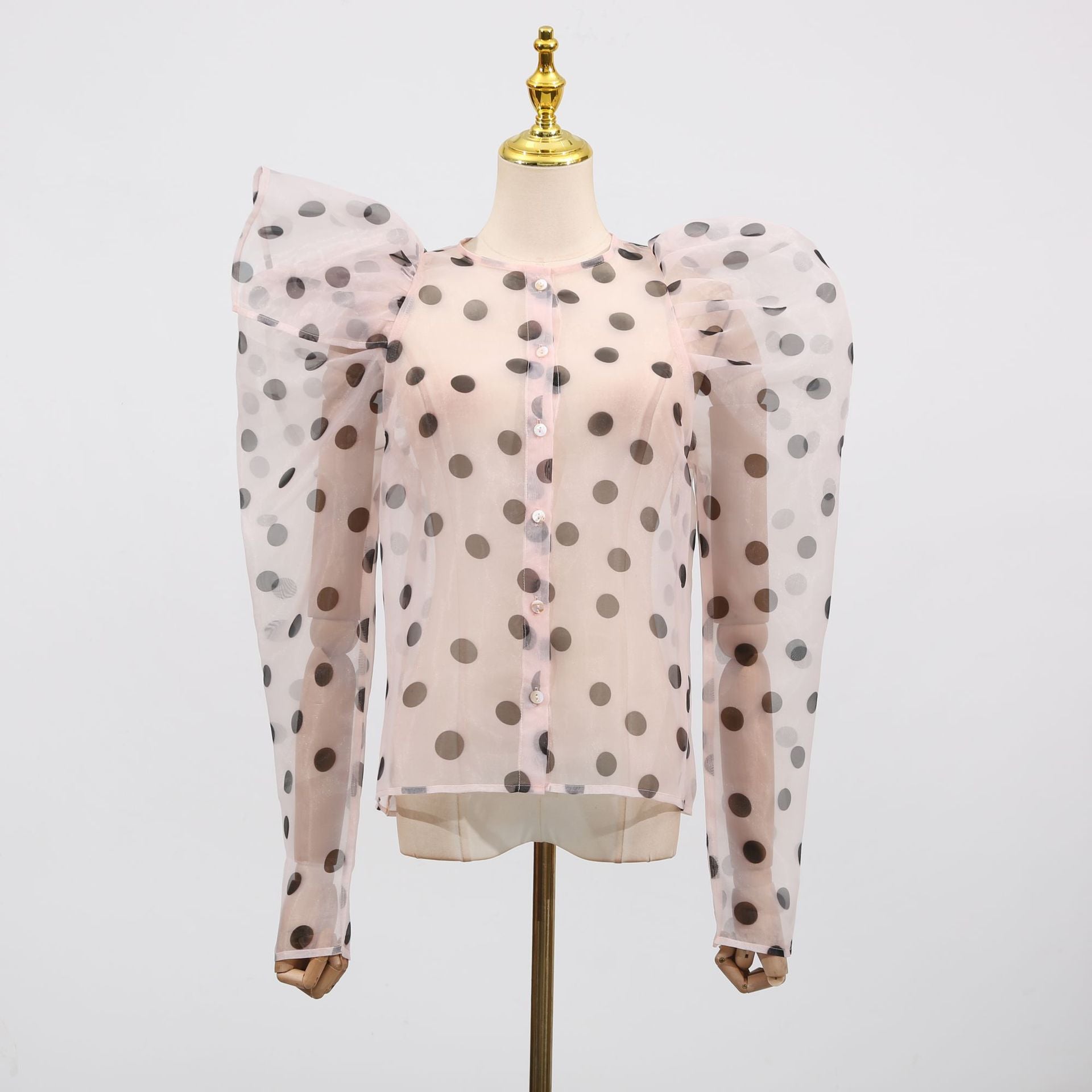 Casual Shirt Women Summer Sweet round Collar in Black Polka Dot Puff Sleeve Top