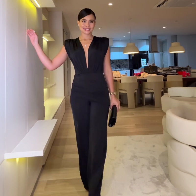 Women Clothing Spring Summer Elegant Deep V Plunge neck Sleeveless Slim Pleated Straight Jumpsuit