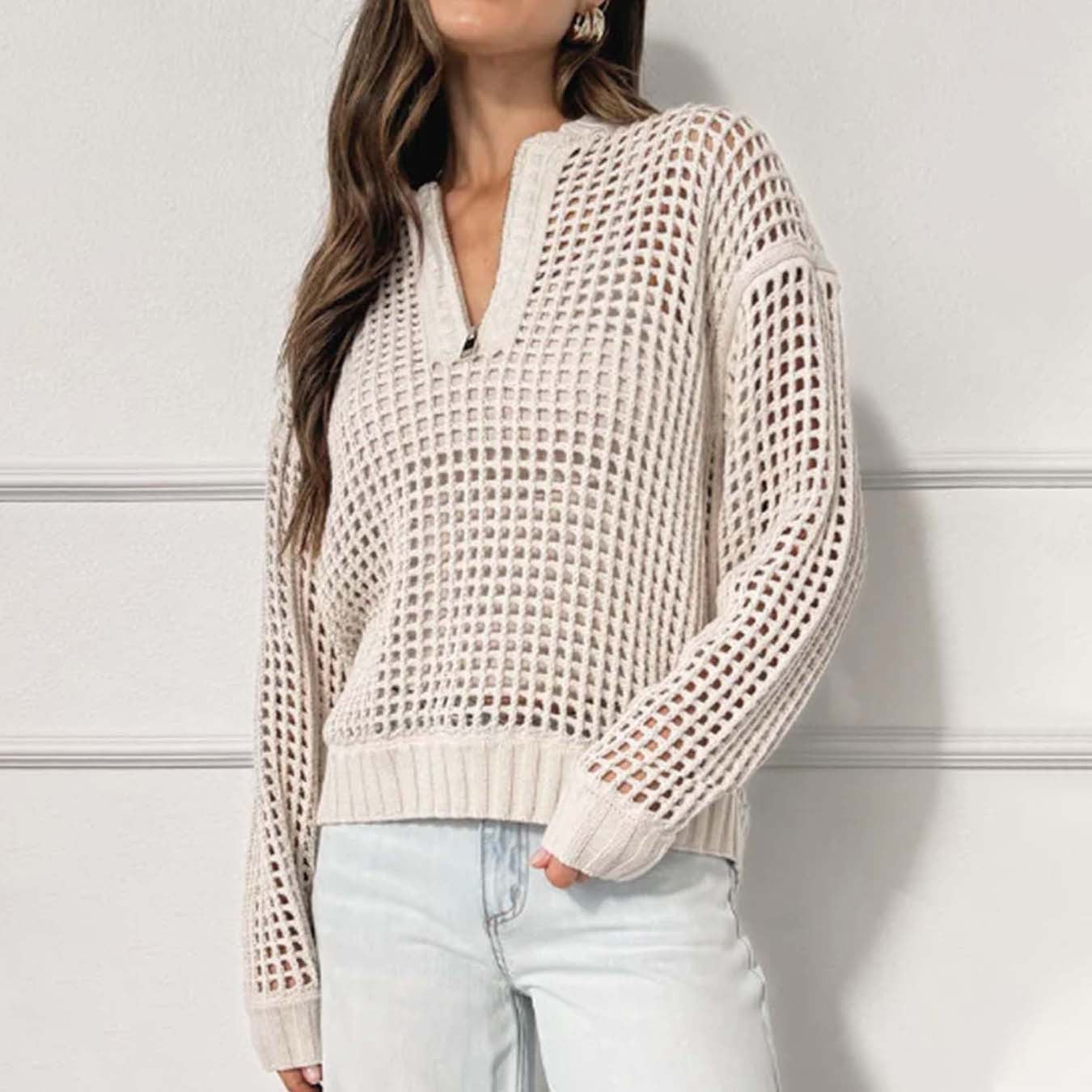 Women Wear Pullover Zipper Half Cardigan Women's Hollow Out Cutout out Long Sleeve Sweater